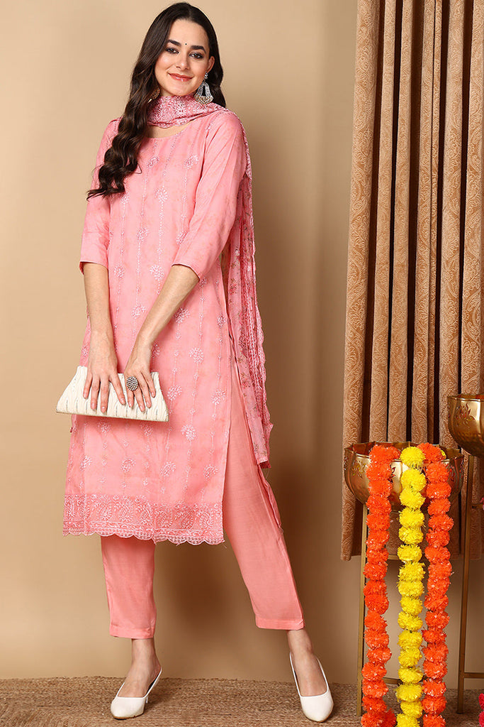 Pink Organza Floral Embroidered Straight Suit Set PKSKD2087