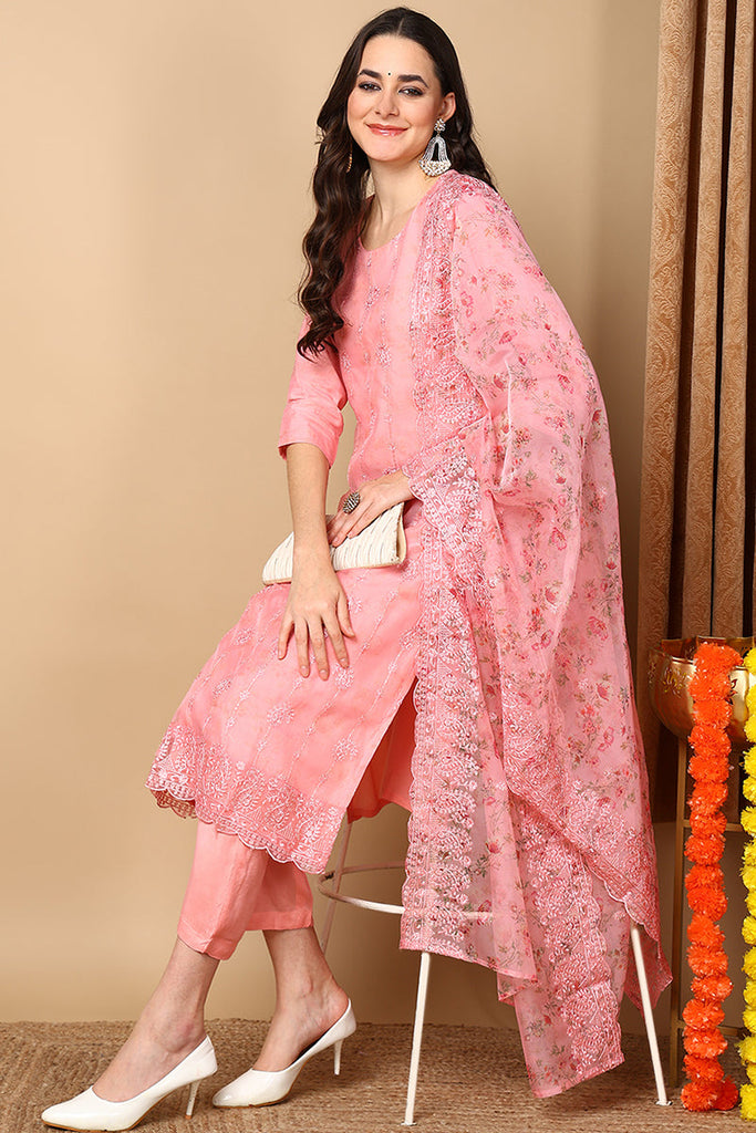 Pink Organza Floral Embroidered Straight Suit Set PKSKD2087