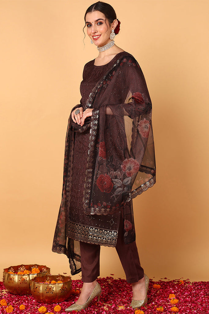 Brown Organza Ethnic Motifs Embroidered Straight Suit Set PKSKD2089