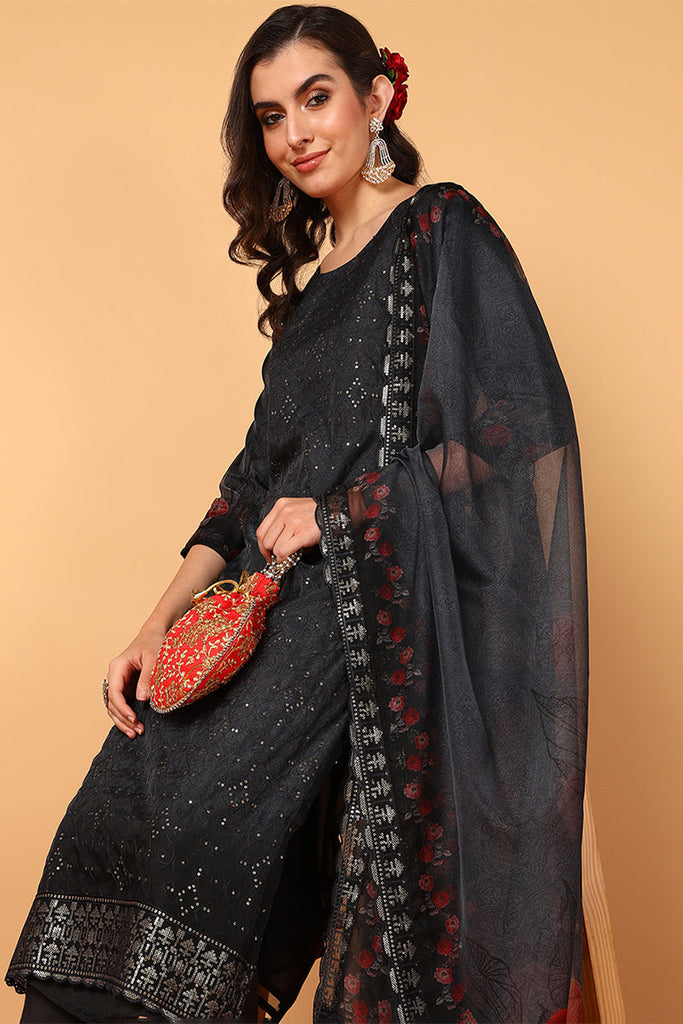 Black Organza Floral Embroidered Straight Suit Set PKSKD2091