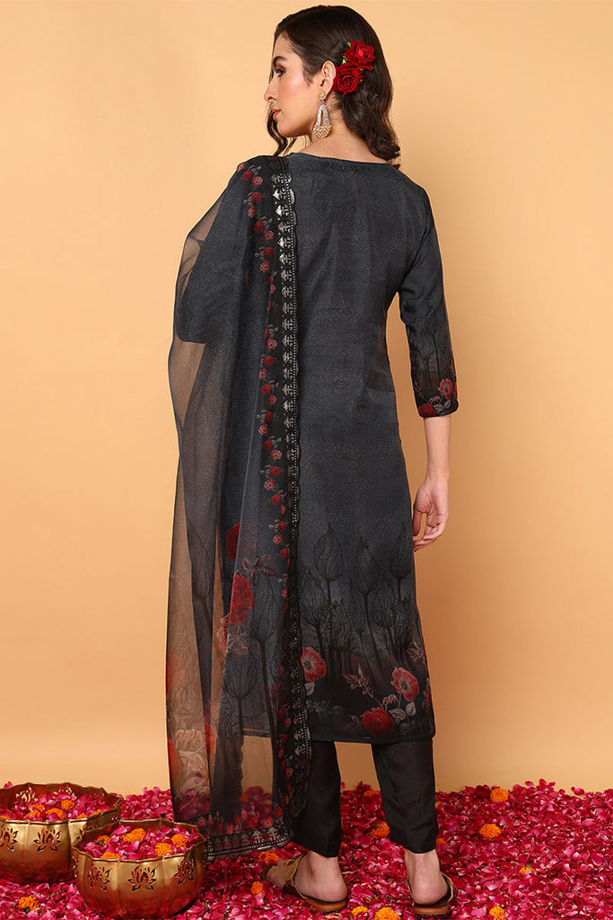 Black Organza Floral Embroidered Straight Suit Set PKSKD2091