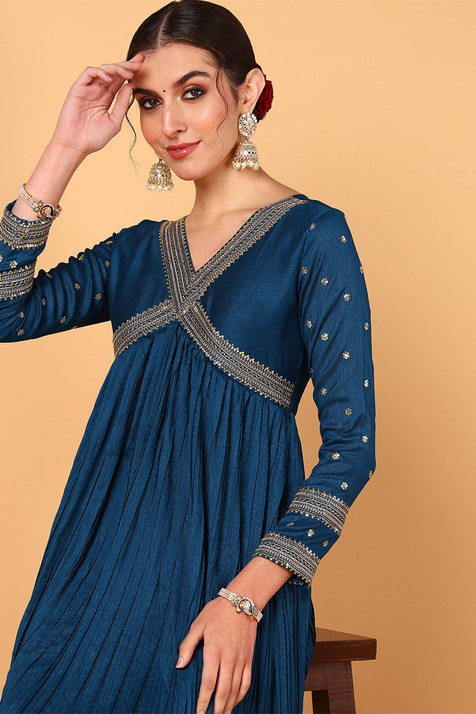 Blue Silk Blend Solid Embroidered Flared Style Suit Set PKSKD2095