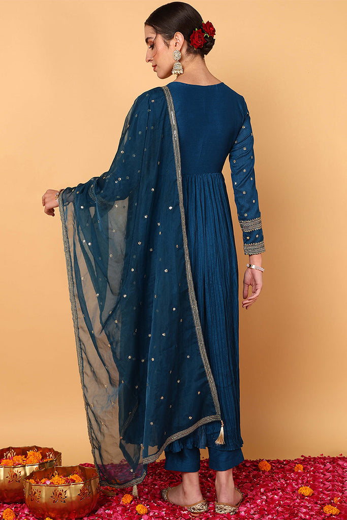 Blue Silk Blend Solid Embroidered Flared Style Suit Set PKSKD2095