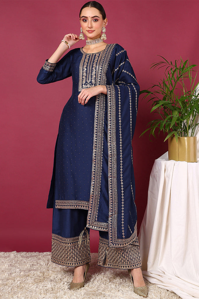 Blue Silk Blend Solid Yoke Design Straight Suit Set PKSKD2097