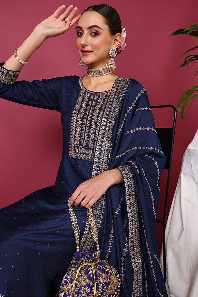 Blue Silk Blend Solid Yoke Design Straight Suit Set PKSKD2097