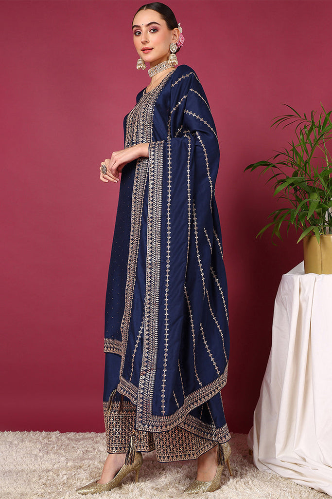 Blue Silk Blend Solid Yoke Design Straight Suit Set PKSKD2097