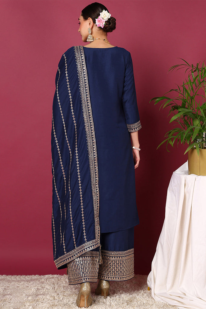 Blue Silk Blend Solid Yoke Design Straight Suit Set PKSKD2097