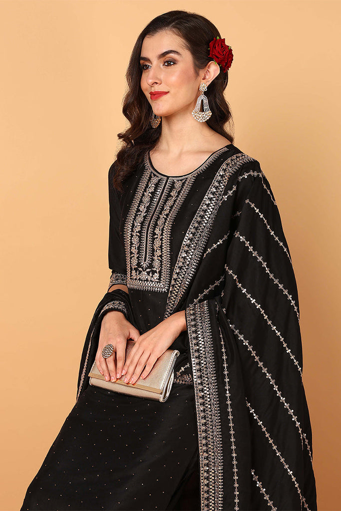 Black Silk Blend Solid Embroidered Straight Suit Set PKSKD2098