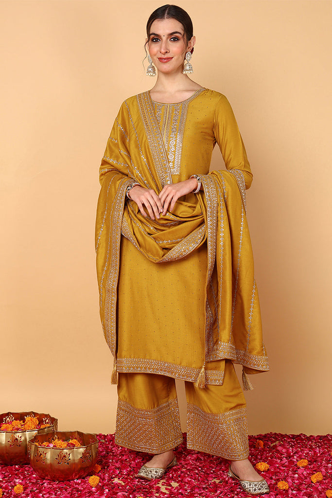 Mustard Silk Blend Solid Embroidered Straight Suit Set PKSKD2099