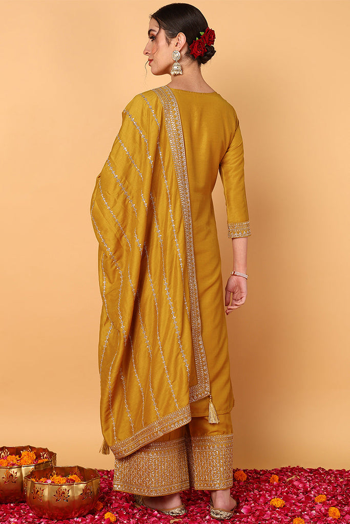 Mustard Silk Blend Solid Embroidered Straight Suit Set PKSKD2099