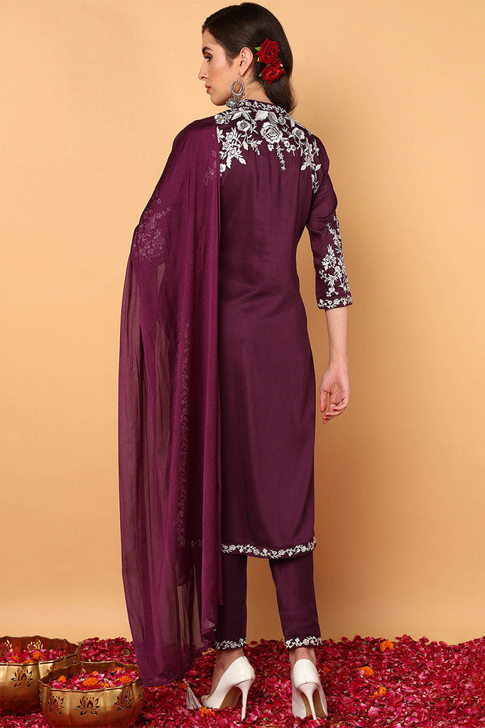 Purple Silk Blend Solid Embroidered Straight Suit Set PKSKD2107