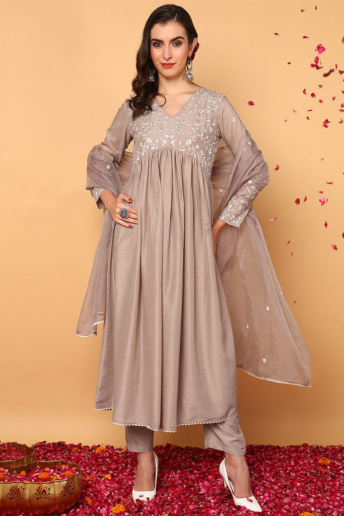 Nude Silk Blend Solid Embroidered Flared Suit Set PKSKD2108