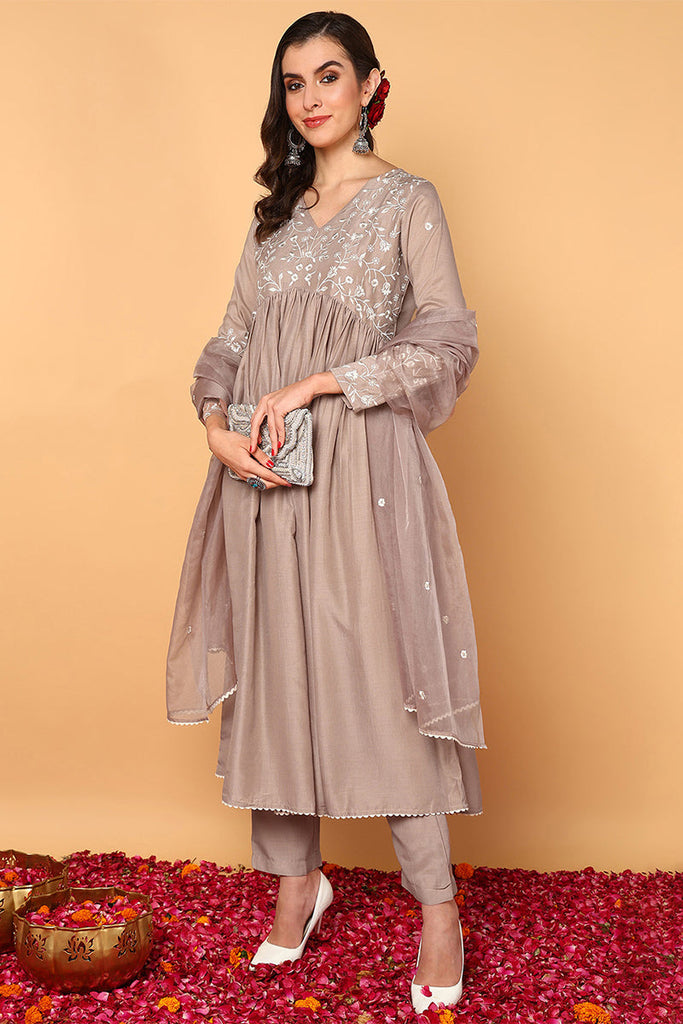 Nude Silk Blend Solid Embroidered Flared Suit Set PKSKD2108