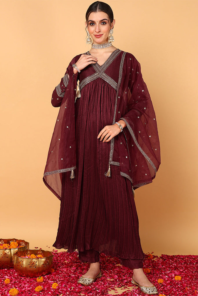 Maroon Silk Blend Solid Embroidered Flared Suit Set PKSKD2110