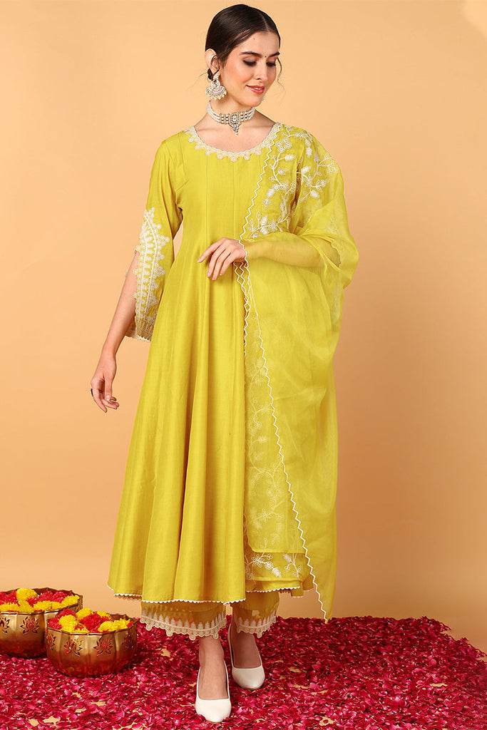 Yellow Silk Blend Solid Embroidered Flared Suit Set PKSKD2118