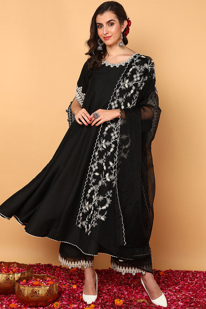 Black Silk Blend Solid Embroidered Flared Suit Set PKSKD2119