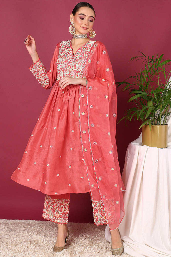 Pink Silk Blend Solid Yoke Design Anarkali Suit Set PKSKD2124