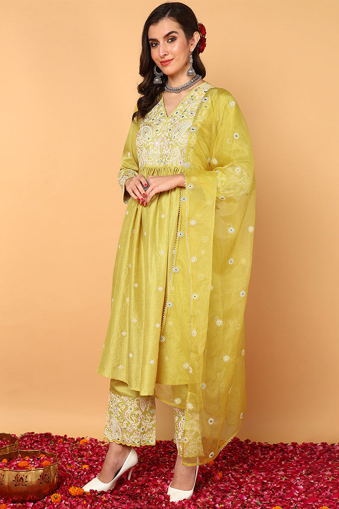 Yellow Silk Blend Solid Yoke Design Flared Style Suit Set PKSKD2125