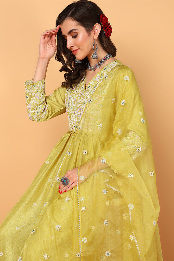 Yellow Silk Blend Solid Yoke Design Flared Style Suit Set PKSKD2125