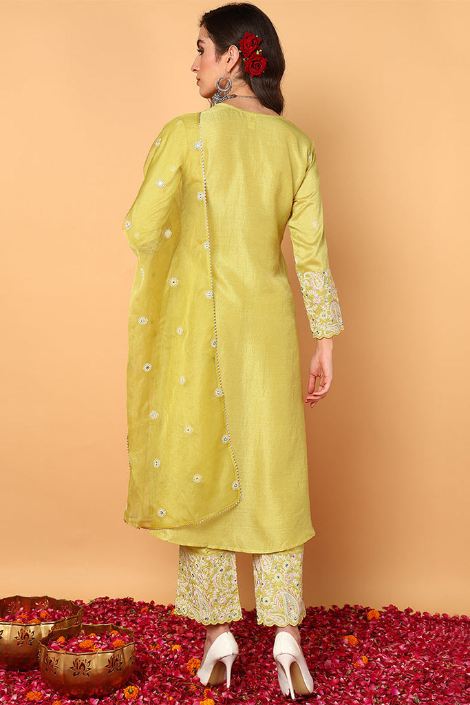 Yellow Silk Blend Solid Yoke Design Flared Style Suit Set PKSKD2125