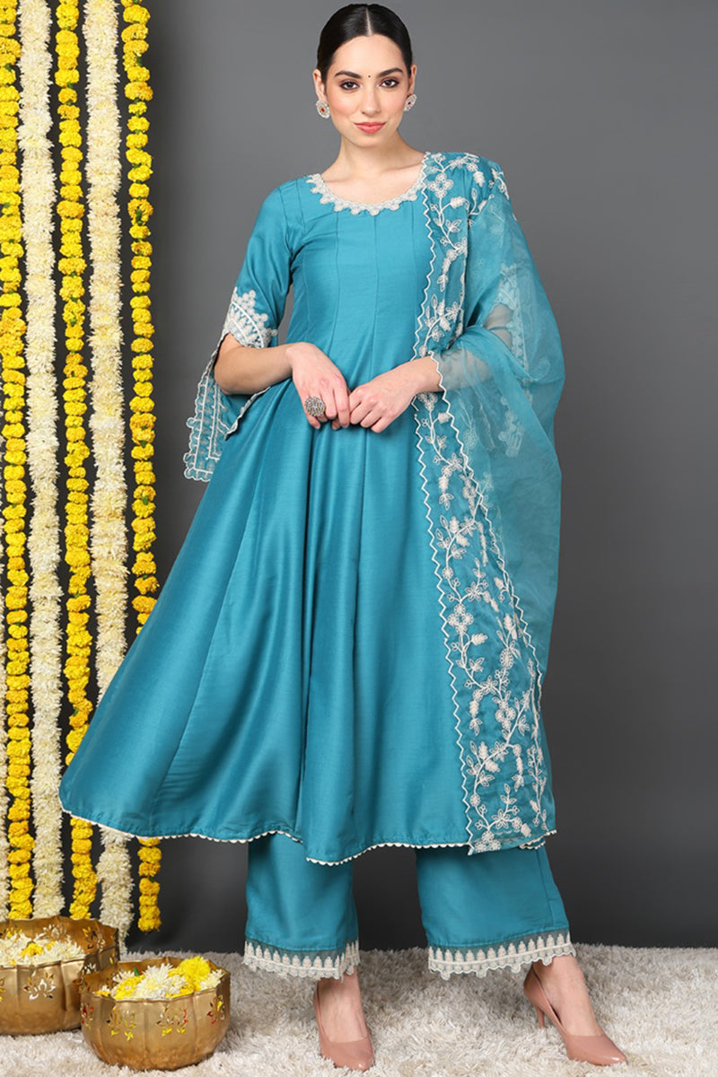 Blue Silk Blend Solid Embroidered Flared Suit Set PKSKD2127