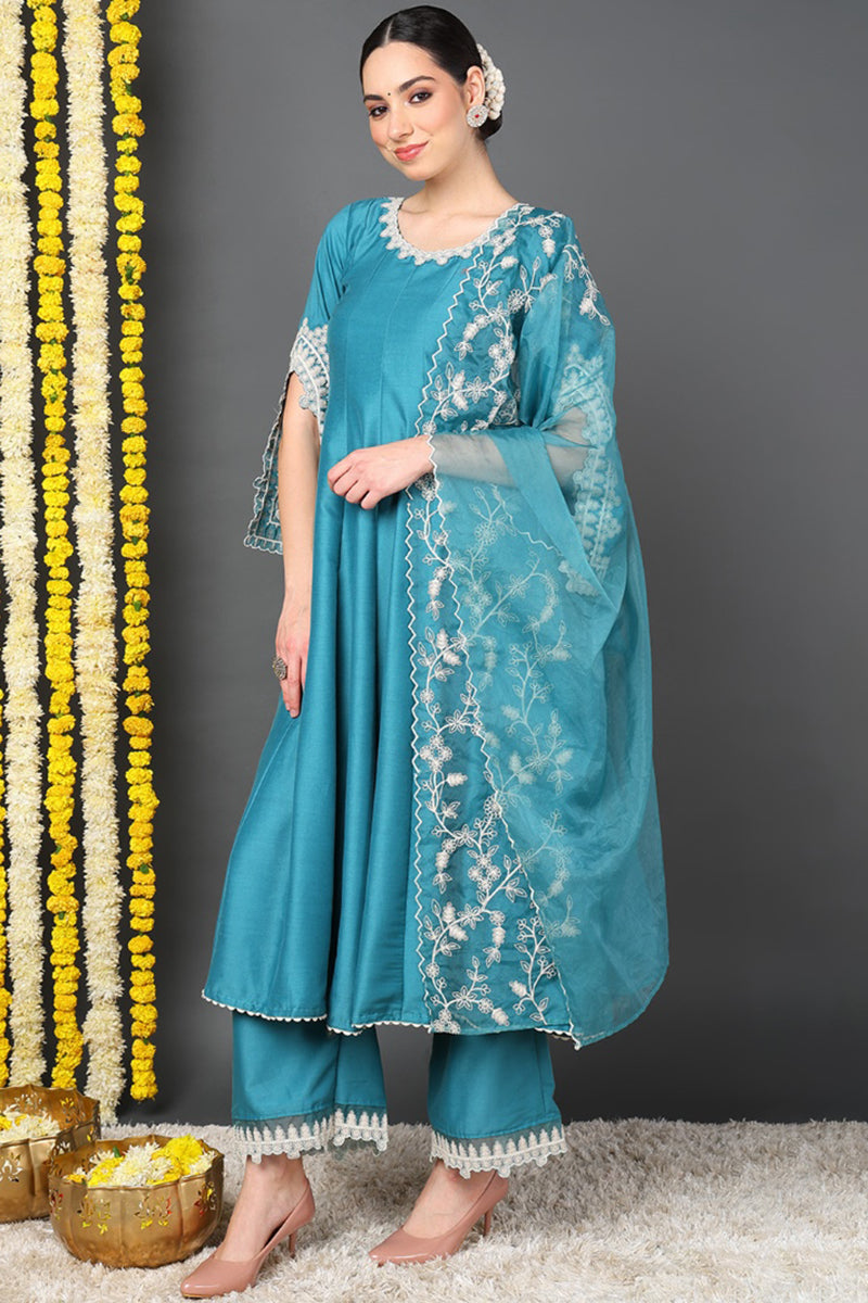 Blue Silk Blend Solid Embroidered Flared Suit Set PKSKD2127