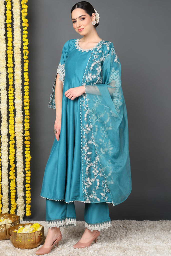 Blue Silk Blend Solid Embroidered Flared Suit Set PKSKD2127