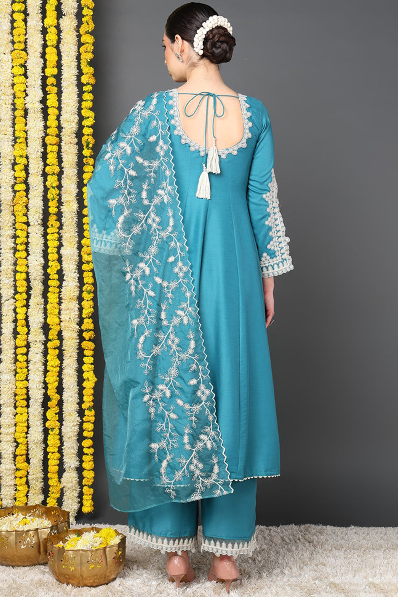 Blue Silk Blend Solid Embroidered Flared Suit Set PKSKD2127