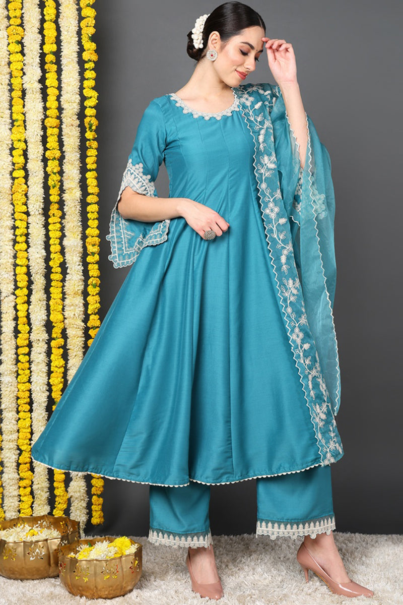 Blue Silk Blend Solid Embroidered Flared Suit Set PKSKD2127