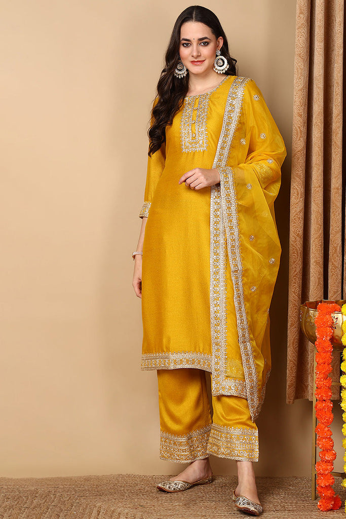 Yellow Silk Blend Solid Embroidered Straight Suit Set PKSKD2133