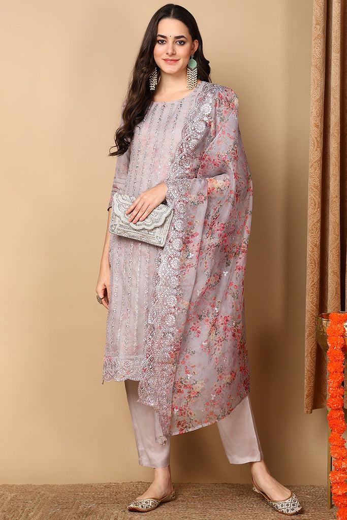 Grey Organza Floral Embroidered Straight Suit Set PKSKD2135