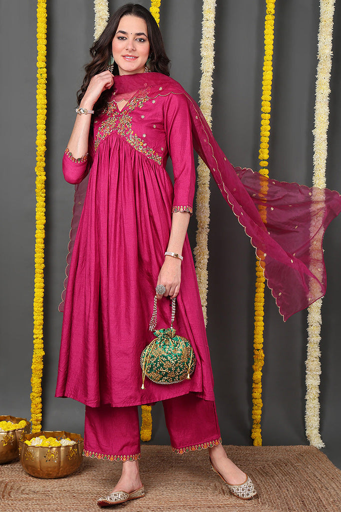 Pink Silk Blend Solid Embroidered Flared Suit Set PKSKD2144