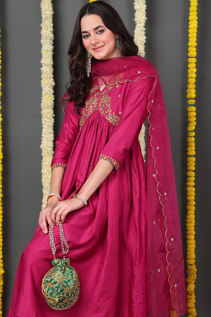 Pink Silk Blend Solid Embroidered Flared Suit Set PKSKD2144