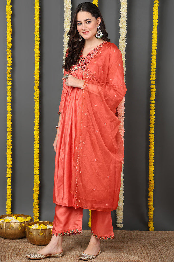 Orange Silk Blend Solid Embroidered Flared Suit Set PKSKD2145