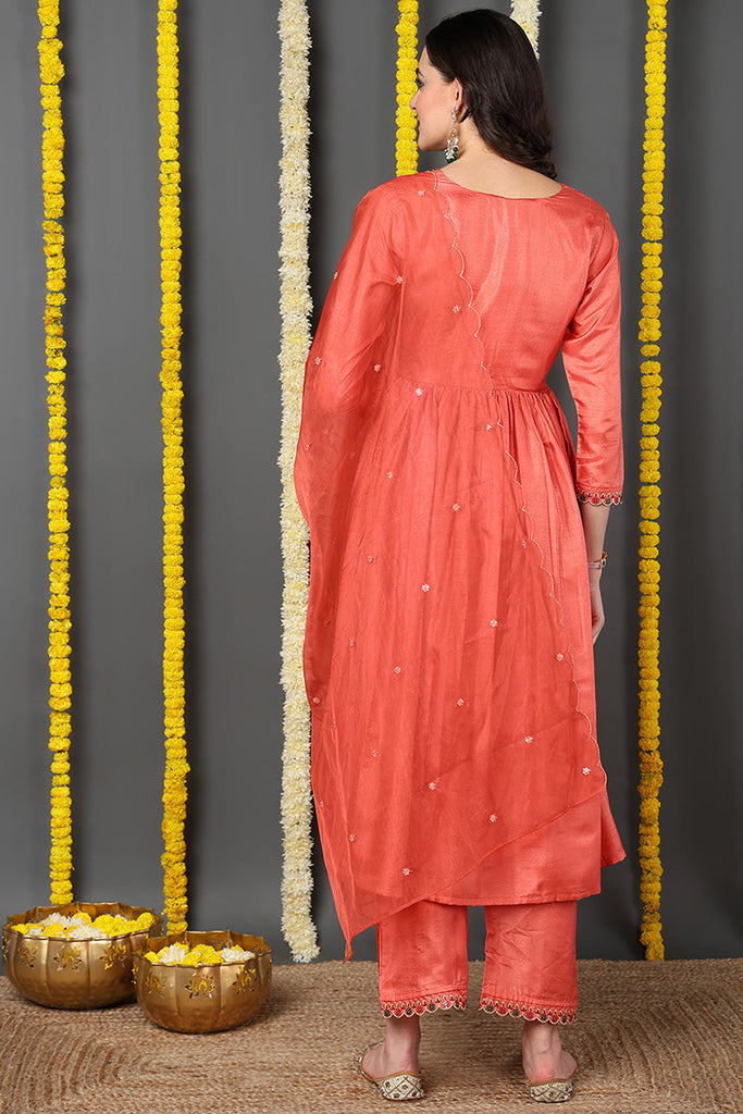 Orange Silk Blend Solid Embroidered Flared Suit Set PKSKD2145