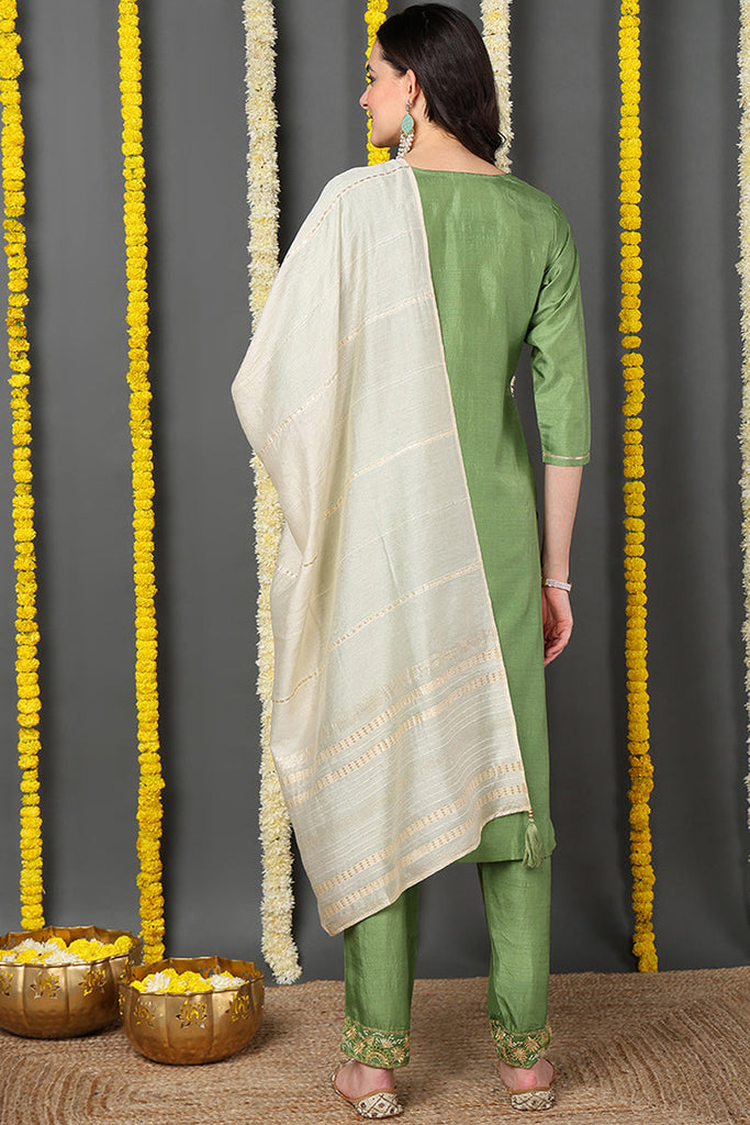 Green Silk Blend Solid Embroidered Straight Suit Set PKSKD2154