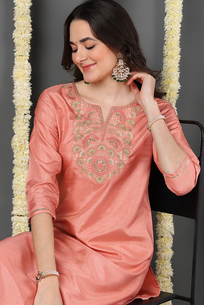 Orange Silk Blend Solid Embroidered Straight Suit Set PKSKD2155