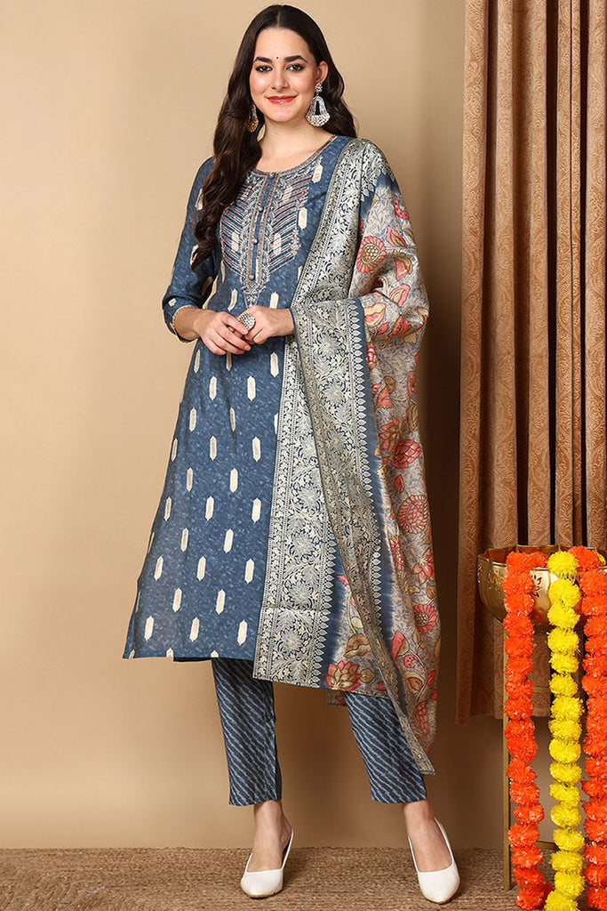 Blue Silk Blend Ethnic Motifs Embroidered Straight Suit Set PKSKD2160