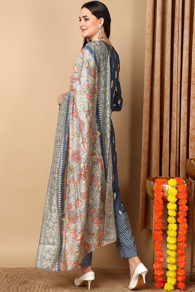 Blue Silk Blend Ethnic Motifs Embroidered Straight Suit Set PKSKD2160