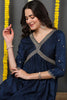 Navy Blue Silk Blend Solid Embroidered Flared Suit Set PKSKD2165