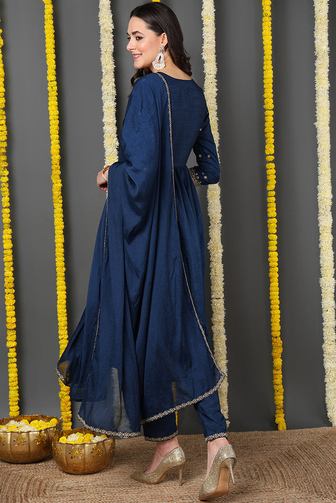 Navy Blue Silk Blend Solid Embroidered Flared Suit Set PKSKD2165