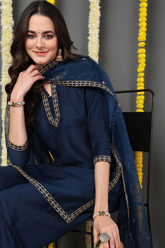 Blue Silk Blend Solid Embroidered Straight Suit Set PKSKD2173