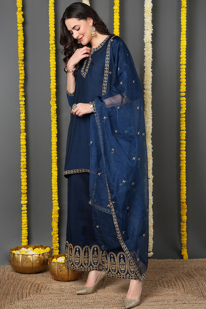 Blue Silk Blend Solid Embroidered Straight Suit Set PKSKD2173