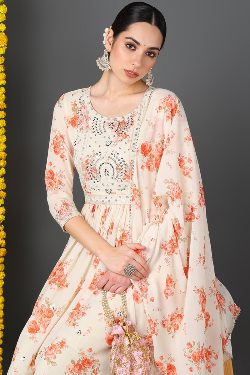 Off White Georgette Floral Printed Flared Suit Set PKSKD2184