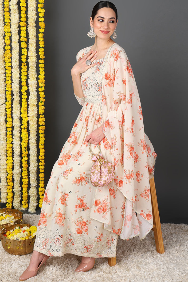 Off White Georgette Floral Printed Flared Suit Set PKSKD2184