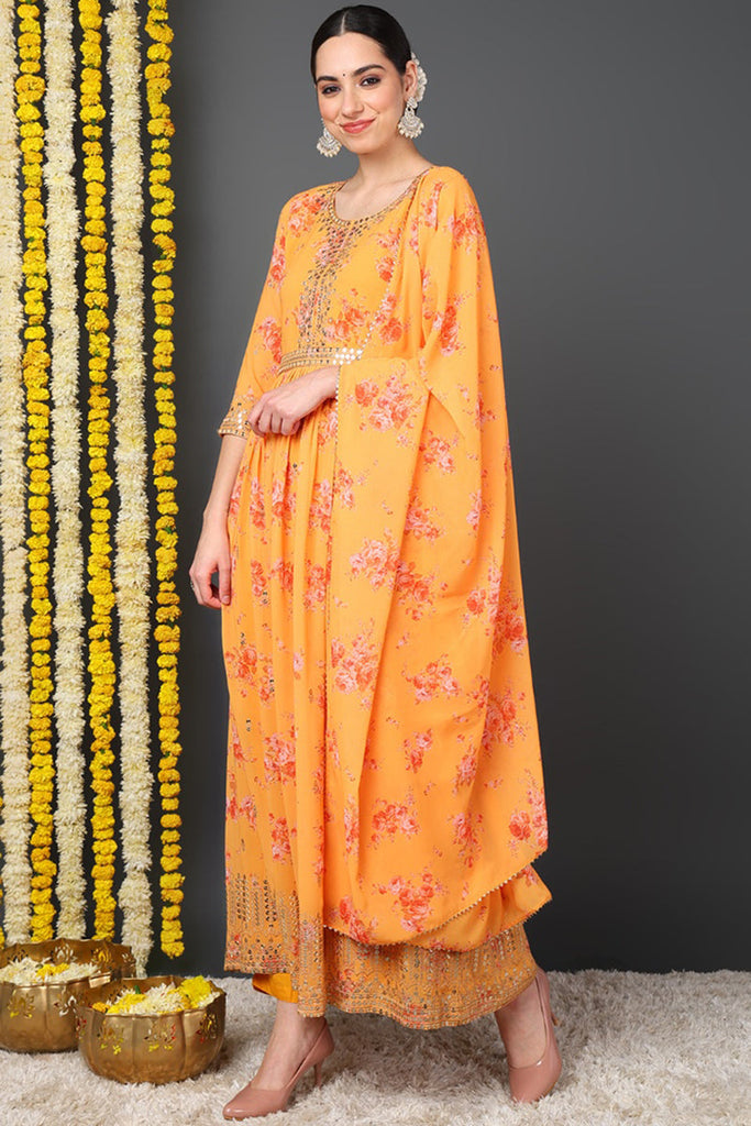 Orange Georgette Floral Printed Flared Suit Set PKSKD2186