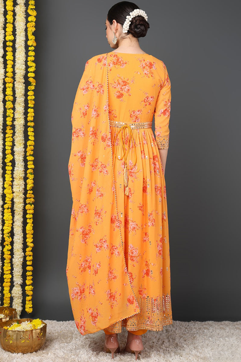 Orange Georgette Floral Printed Flared Suit Set PKSKD2186