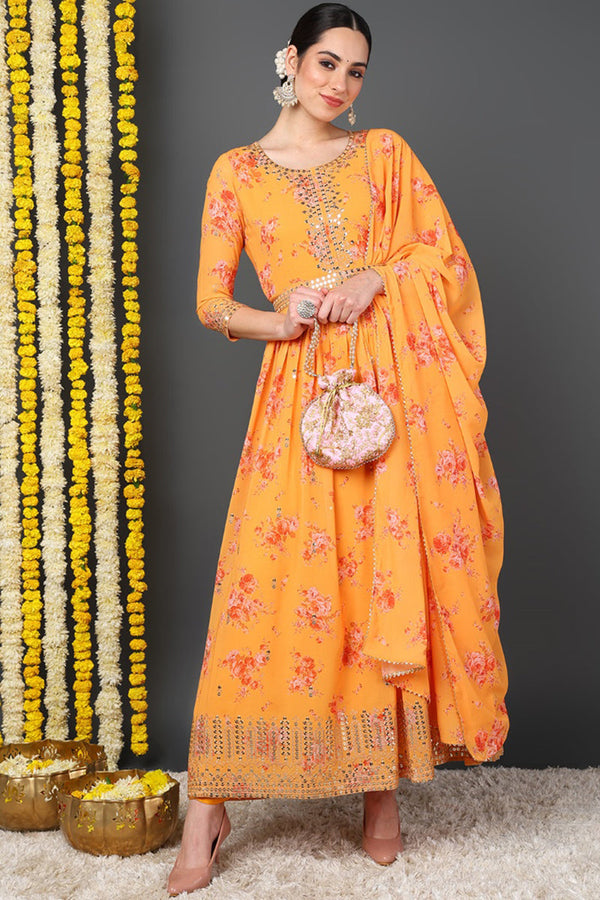 Orange Georgette Floral Printed Flared Suit Set PKSKD2186