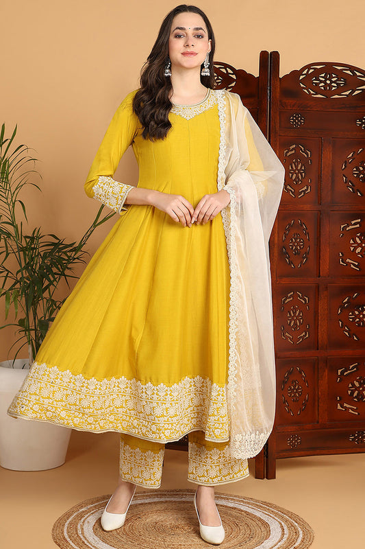 Yellow Silk Blend Solid Embroidered Flared Suit Set PKSKD2193