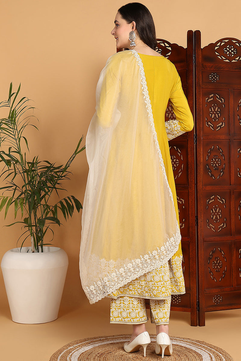 Yellow Silk Blend Solid Embroidered Flared Suit Set PKSKD2193